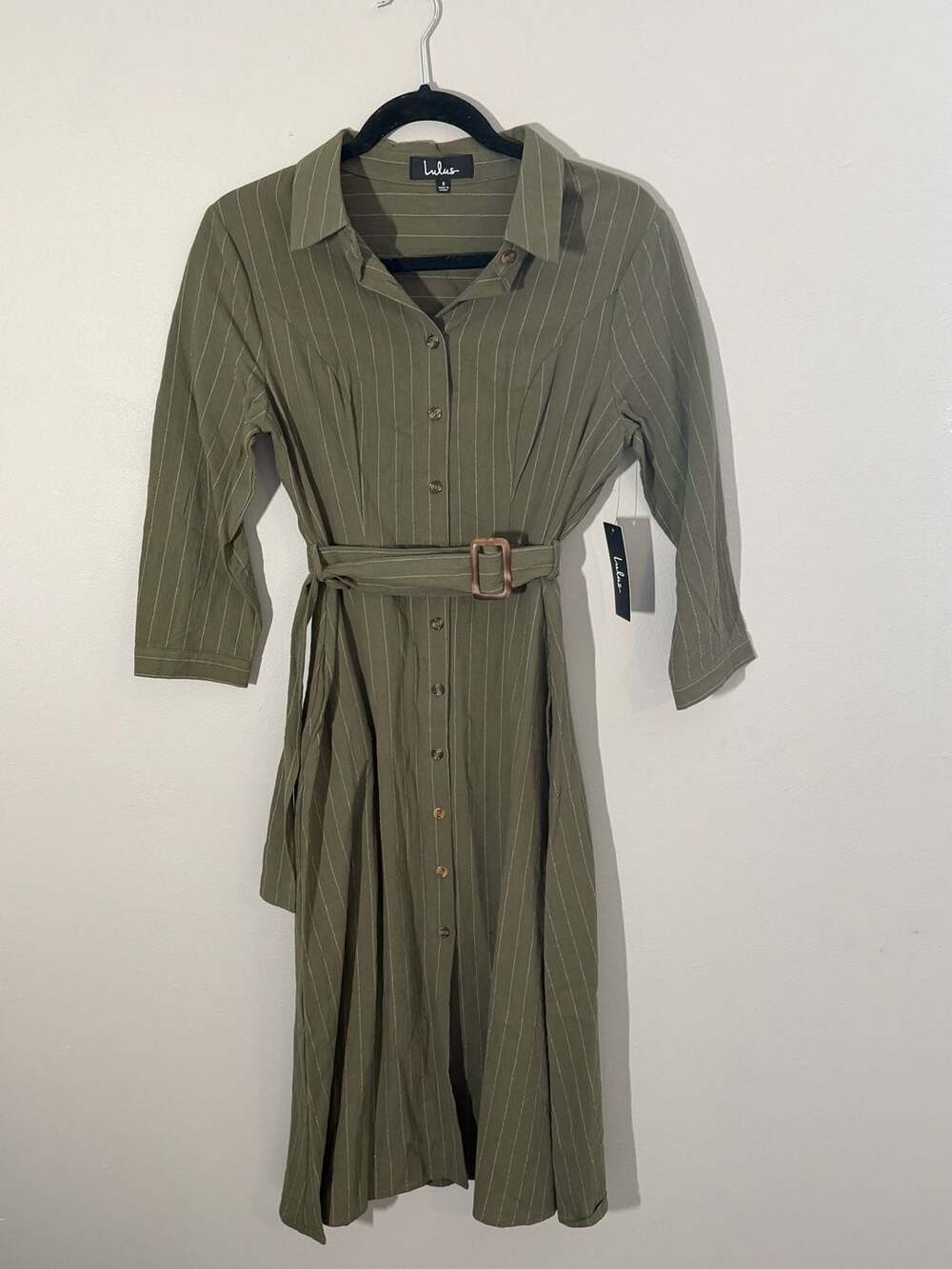 Lulus Pinstripe Olive Green Button-Up Belted Midi Shirt Dress